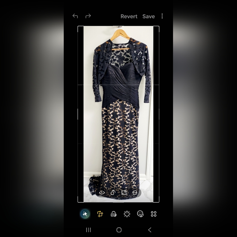 Jovani Long Dress Gown Size 10 Black Lace w/Nude Overlay Silk Evening w/Bolero